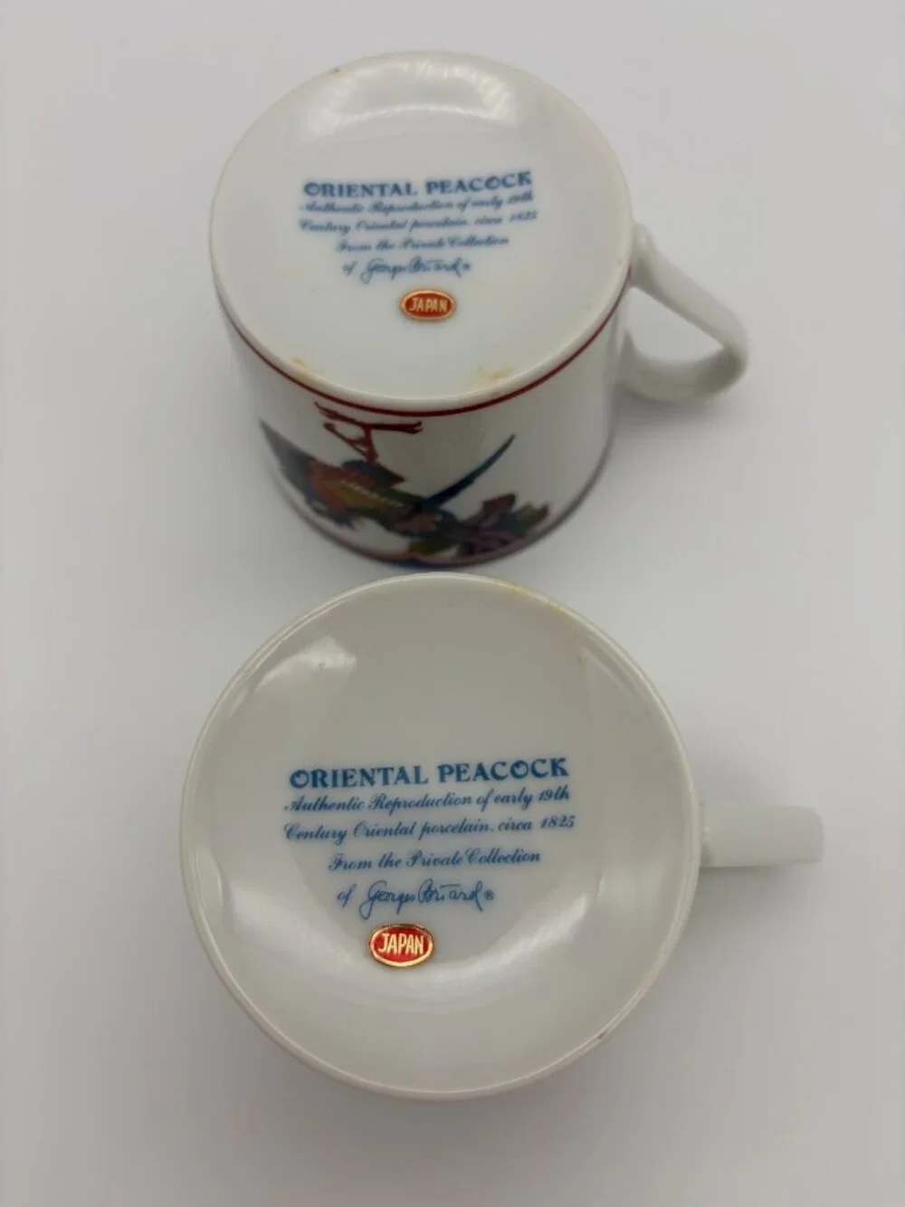 Georges Briard Oriental Peacock Japan Coffee Cup Pair Porcelain Bird Chinoiserie